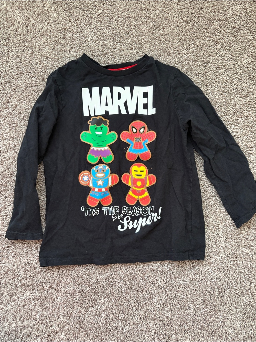 Marvel Black Long-Sleeve Tee with Colorful Superhero Gingerbread Graphic